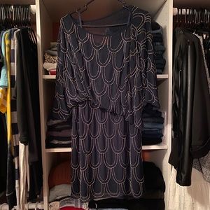 Cach’e navy and gold beaded knee length dress